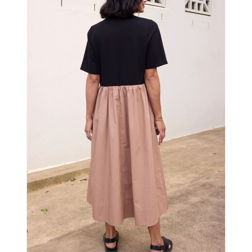 Maye Mimi Jersey Cotton Midi Dress in Black/Camel sz L - Picture 2 of 5